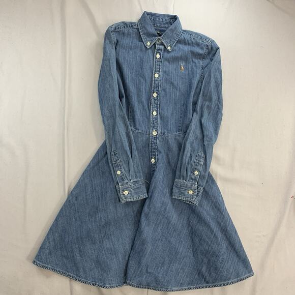 Polo Ralph Lauren Girls Dress 12 Denim Shirt Button Up Flare Pockets Belt jean - Picture 1 of 8